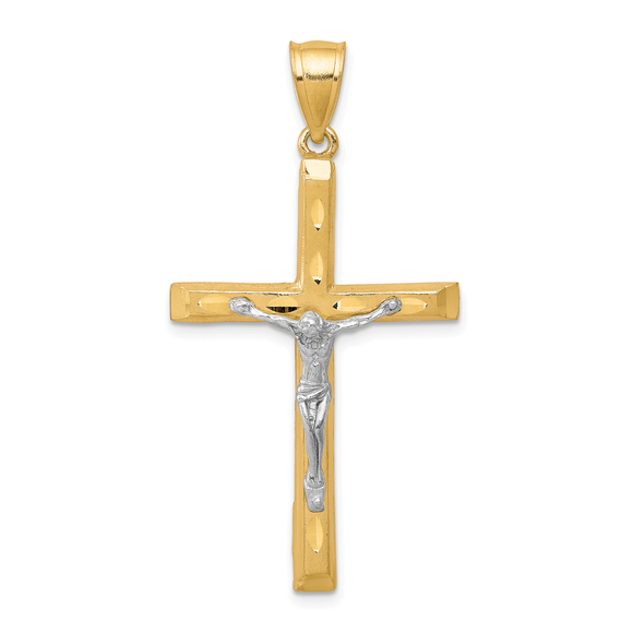 10K withRhodium Diamond Cut Crucifix Pendant